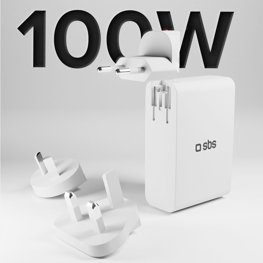 SBS - Cestovný nabíjací adaptér pre US/EU/UK/AUS 3x USB-C/USB-A, PD 100 W, biela