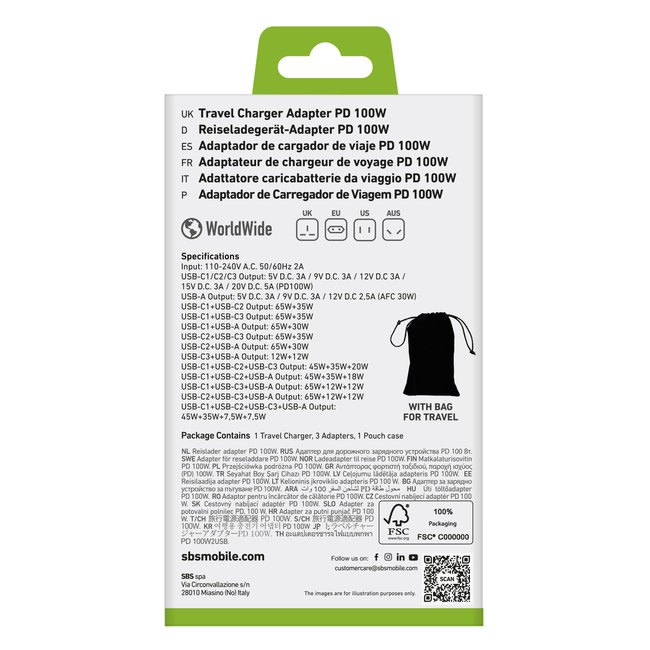 SBS - Cestovný nabíjací adaptér pre US/EU/UK/AUS 3x USB-C/USB-A, PD 100 W, biela