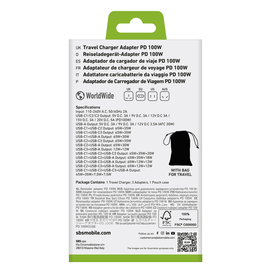SBS - Cestovný nabíjací adaptér pre US/EU/UK/AUS 3x USB-C/USB-A, PD 100 W, biela