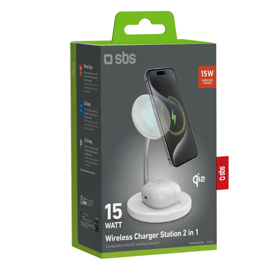 SBS - Bezdrôtová nabíjacia stanica, Qi2, 2x1, 15 W, biela