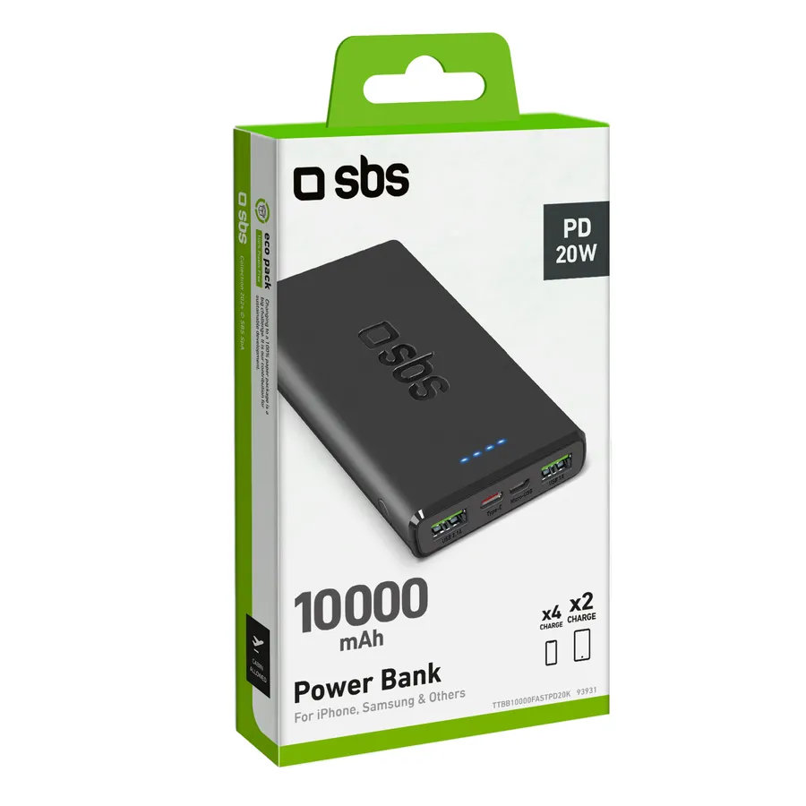 SBS - PowerBank 10000 mAh 20 W, Power Delivery, USB-C/2x USB-A, čierna
