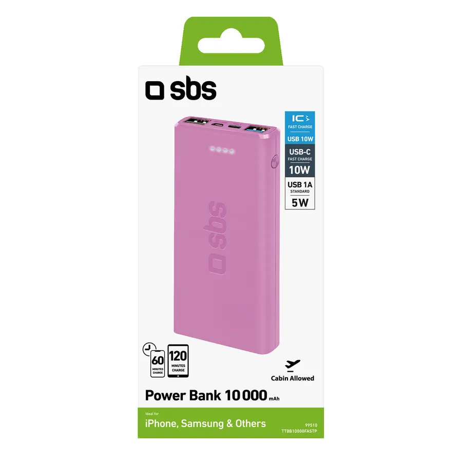 SBS - PowerBank 10000 mAh 10 W, Intelligent Charge, USB-C/2x USB-A, ružová