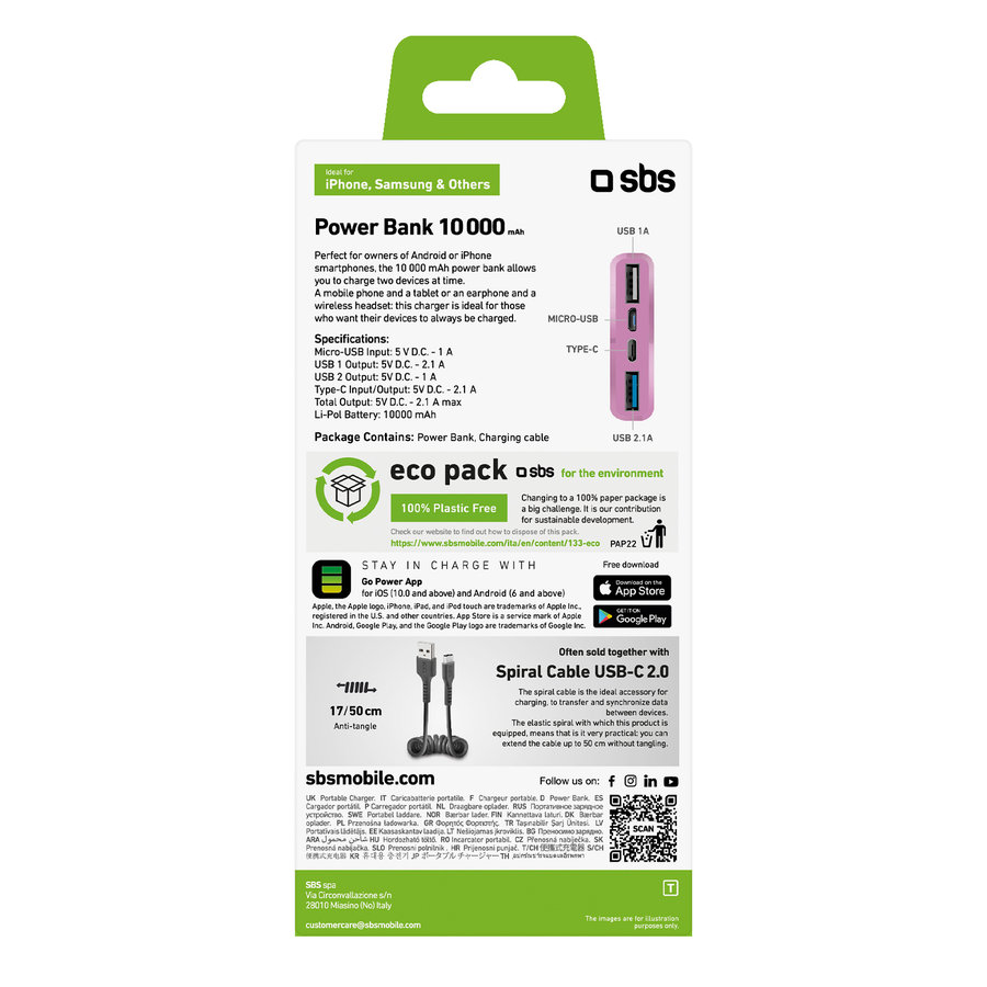 SBS - PowerBank 10000 mAh 10 W, Intelligent Charge, USB-C/2x USB-A, ružová