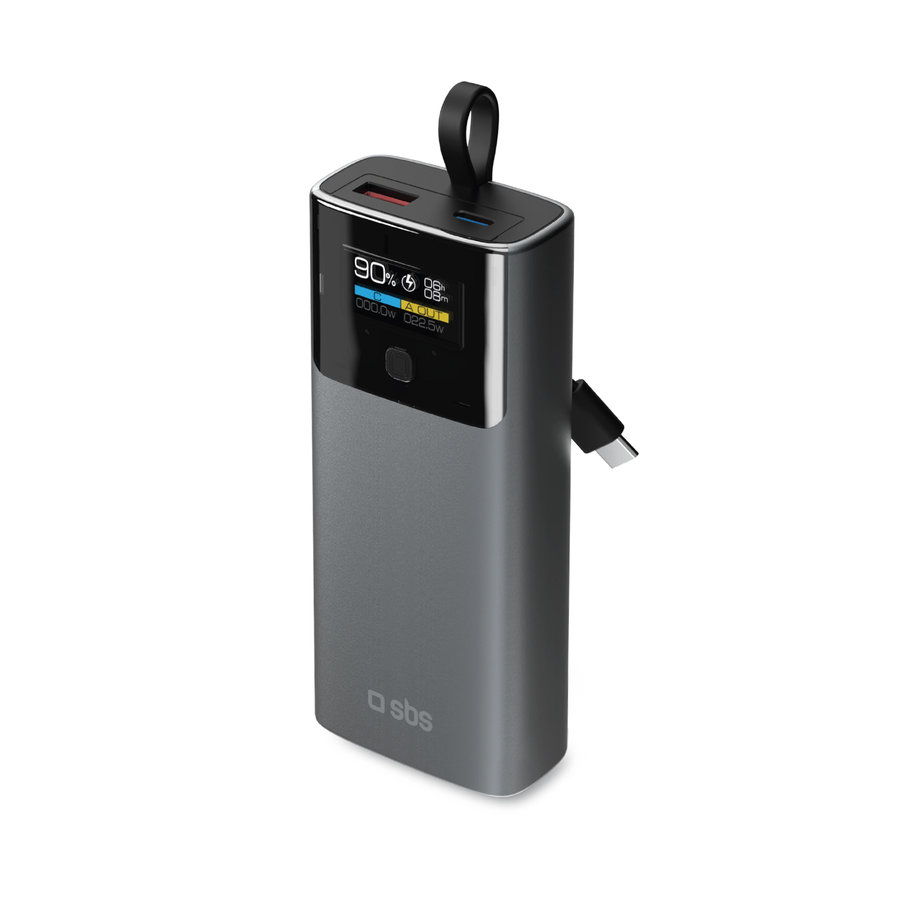 SBS - Powerbank 10000 mAh 20 W, Power Delivery, LCD, s integrovaným káblom, USB-C/USB-A, čierna