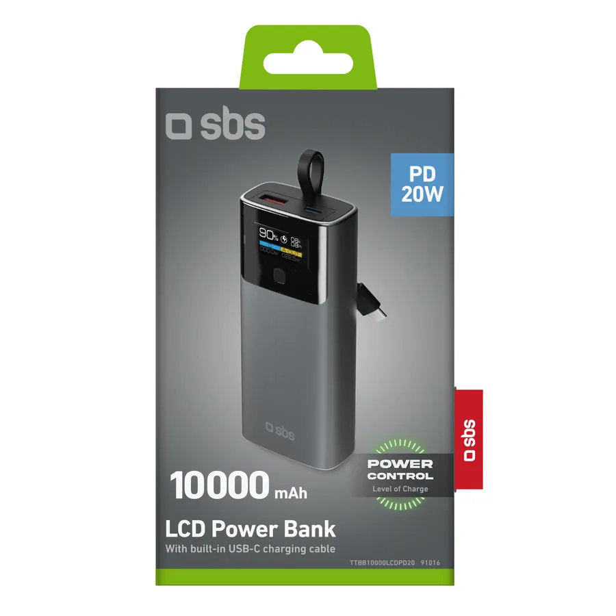 SBS - Powerbank 10000 mAh 20 W, Power Delivery, LCD, s integrovaným káblom, USB-C/USB-A, čierna
