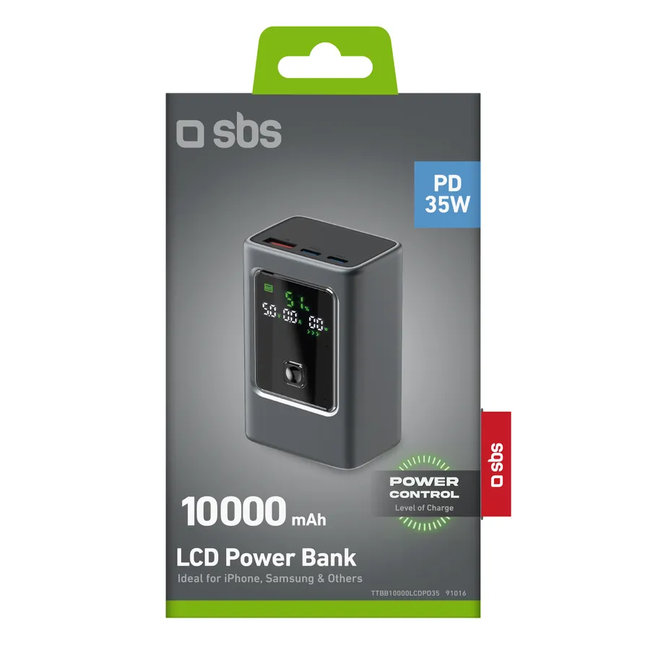 SBS - PowerBank 10000 mAh 35 W, Power Delivery, LCD, 2x USB-C/USB-A, čierna
