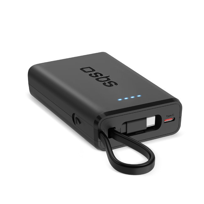 SBS - Powerbank 10000 mAh 20 W, Power Delivery, s integrovaným káblom, 2x USB-C/USB-A, čierna