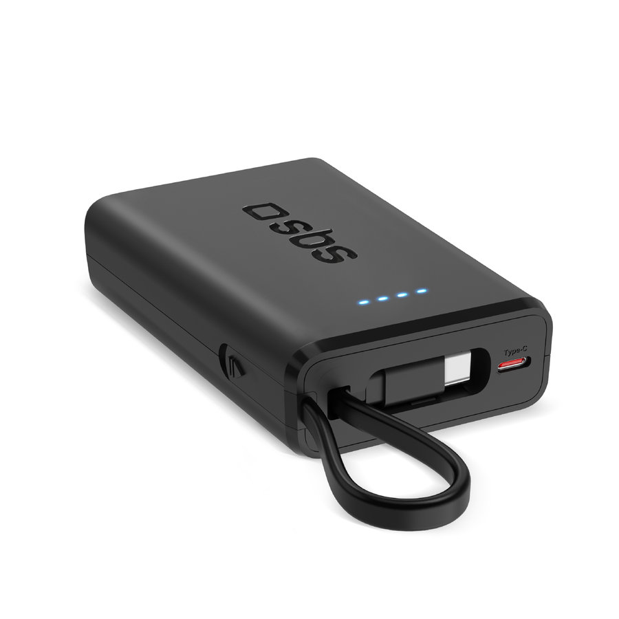 SBS - Powerbank 10000 mAh 20 W, Power Delivery, s integrovaným káblom, 2x USB-C/USB-A, čierna