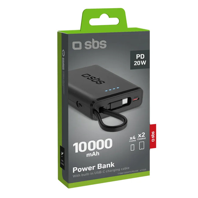 SBS - Powerbank 10000 mAh 20 W, Power Delivery, s integrovaným káblom, 2x USB-C/USB-A, čierna