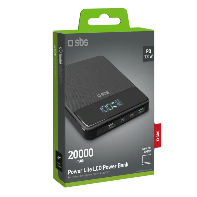 SBS - PowerBank 20000 mAh 100 W, Power Delivery, Power Lite LCD, 2x USB-C/2x USB-A, čierna