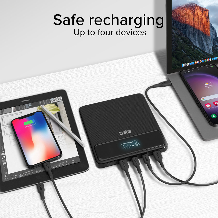 SBS - PowerBank 20000 mAh 100 W, Power Delivery, Power Lite LCD, 2x USB-C/2x USB-A, čierna