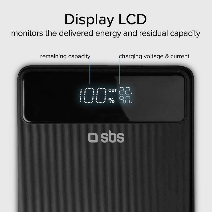 SBS - PowerBank 20000 mAh 100 W, Power Delivery, Power Lite LCD, 2x USB-C/2x USB-A, čierna