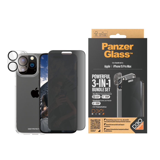 Bundle PicturePerfect + Tvrdené sklo UWF Privacy + Hard Case D3O pre iPhone 15 Pro Max