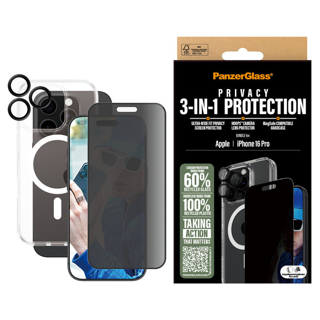 Bundle Hoops + Tvrdené sklo UWF Privacy + Hard Case pre iPhone 16 Pro