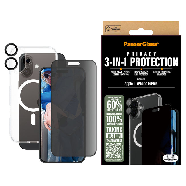 Bundle Hoops + Tvrdené sklo UWF Privacy + Hard Case pre iPhone 16 Plus