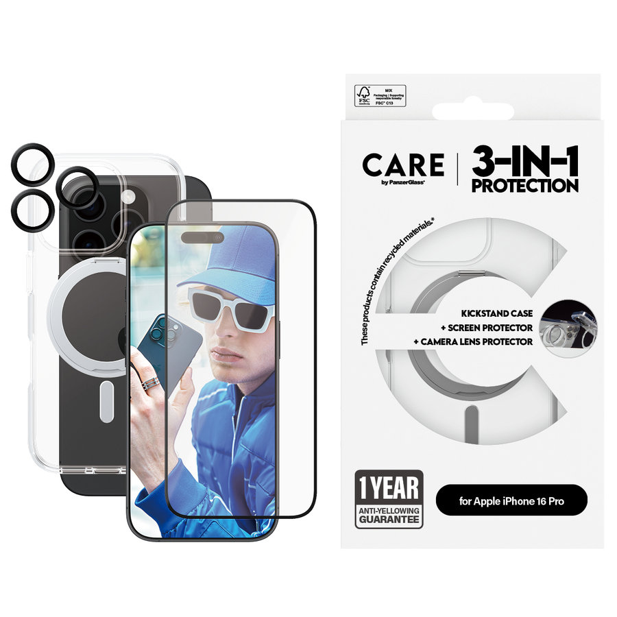CARE - Bundle Hoops Ceramic + Tvrdené sklo UWF Ceramic + Puzdro Kickstand pre iPhone 16 Pro