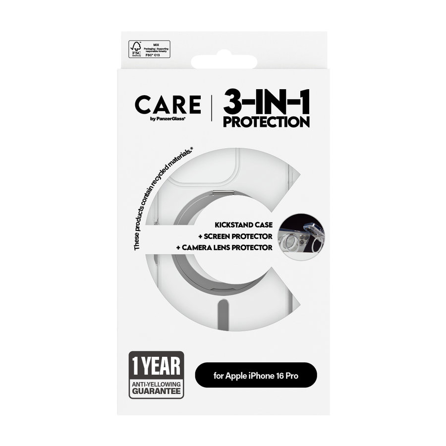 CARE - Bundle Hoops Ceramic + Tvrdené sklo UWF Ceramic + Puzdro Kickstand pre iPhone 16 Pro