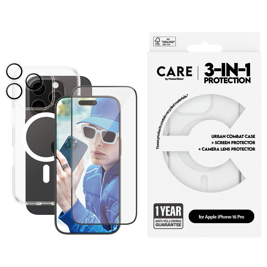 CARE - Bundle Hoops + Tvrdené sklo UWF + Puzdro Urban Combat pre iPhone 16 Pro