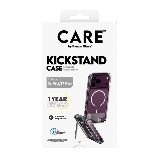 CARE - Puzdro Kickstand s bielym MagSafe pre iPhone 18 Pro/17 Pro, transparentná