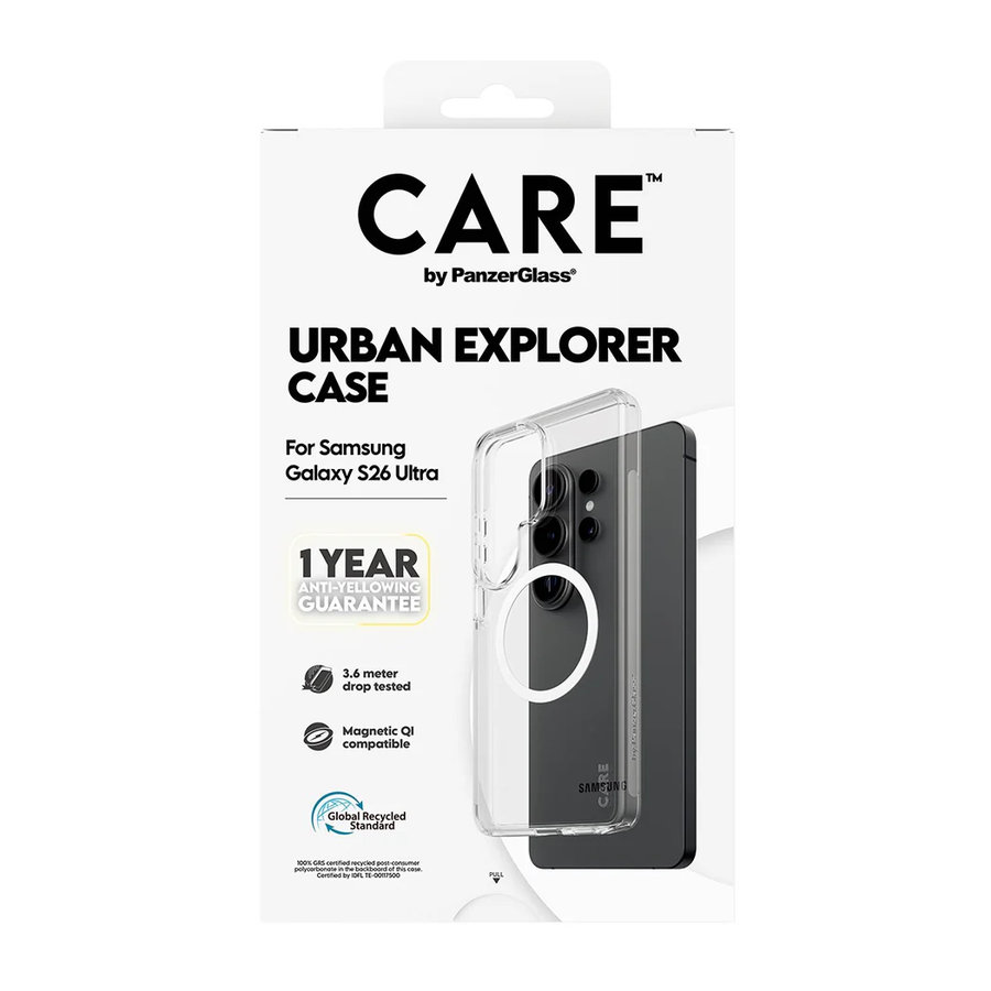 CARE - Puzdro Urban Explorer s bielym QI pre Samsung Galaxy S26 Ultra, transparentná