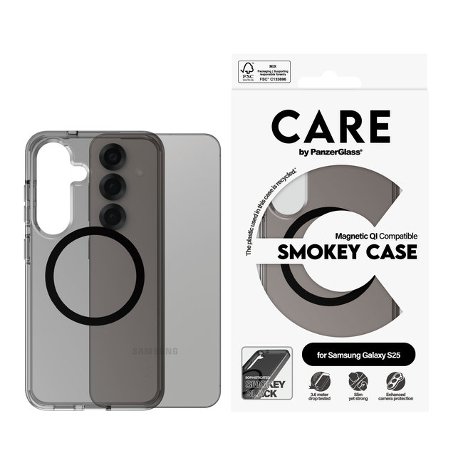 CARE - Puzdro Smokey s čiernym QI pre Samsung Galaxy S25, čierna