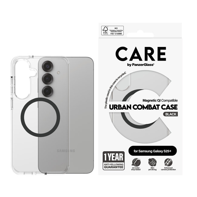 CARE - Puzdro Urban Combat s čiernym QI pre Samsung Galaxy S25+, transaprentná