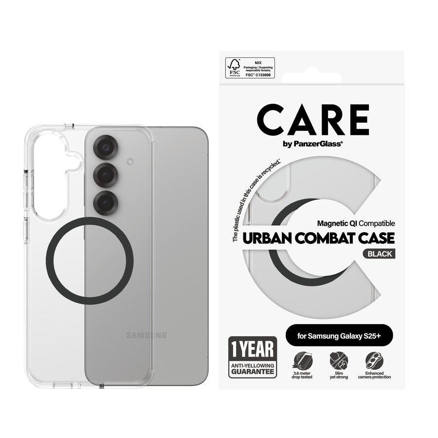 CARE - Puzdro Urban Combat s čiernym QI pre Samsung Galaxy S25+, transparentná