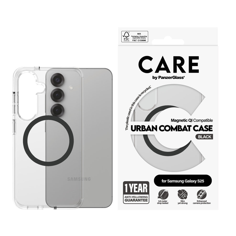 CARE - Puzdro Urban Combat s čiernym QI pre Samsung Galaxy S25, transparentná