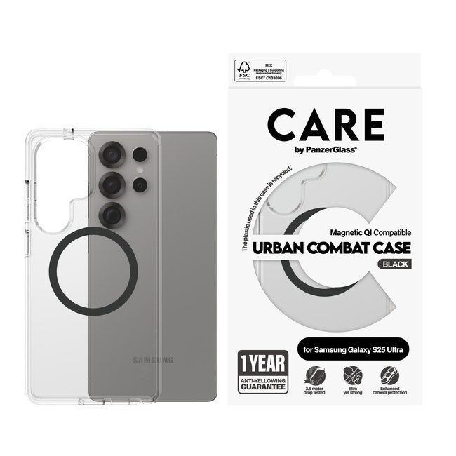 CARE - Puzdro Urban Combat s čiernym QI pre Samsung Galaxy S25 Ultra, transaprentná