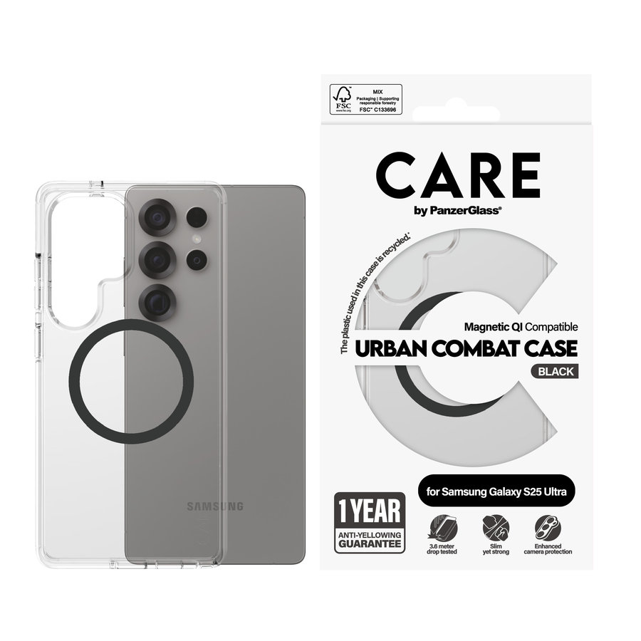 CARE - Puzdro Urban Combat s čiernym QI pre Samsung Galaxy S25 Ultra, transparentná