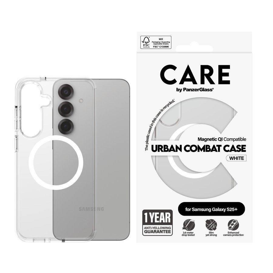 CARE - Puzdro Urban Combat s bielym QI pre Samsung Galaxy S25+, transparentná