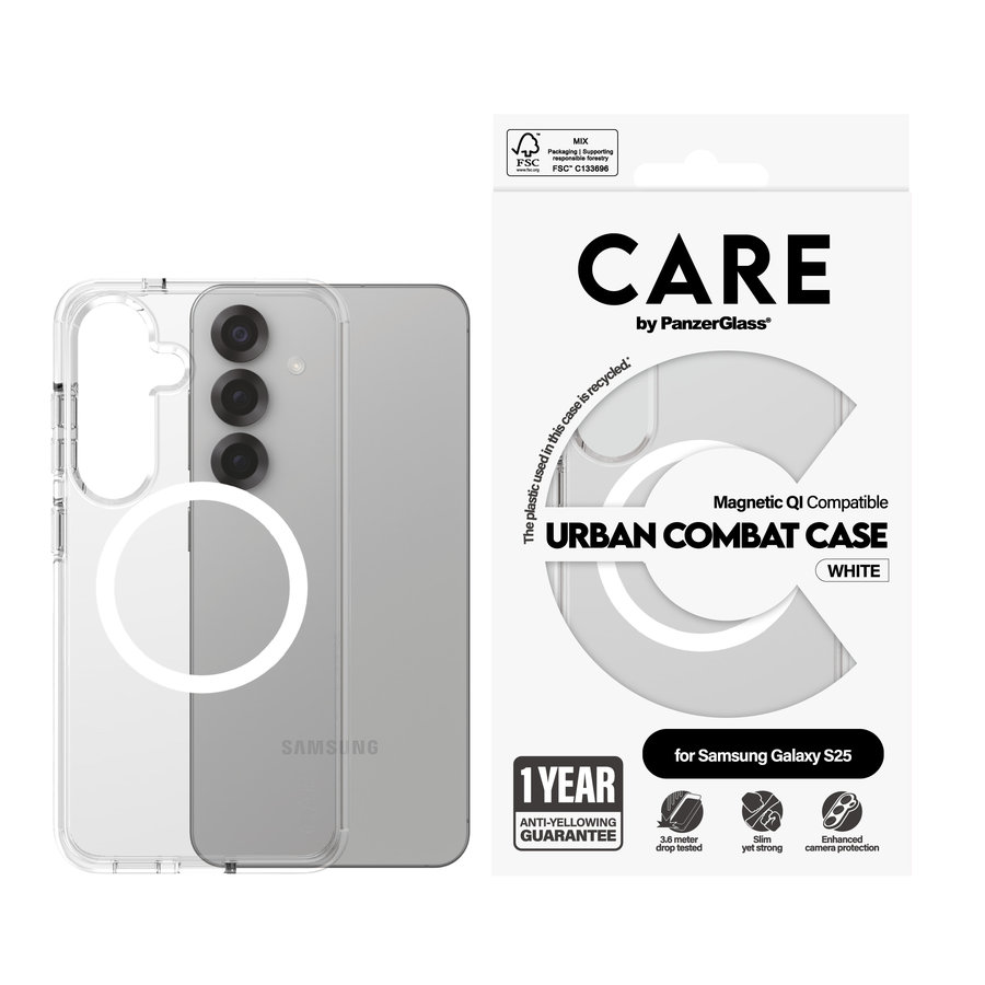 CARE - Puzdro Urban Combat s bielym QI pre Samsung Galaxy S25, transparentná