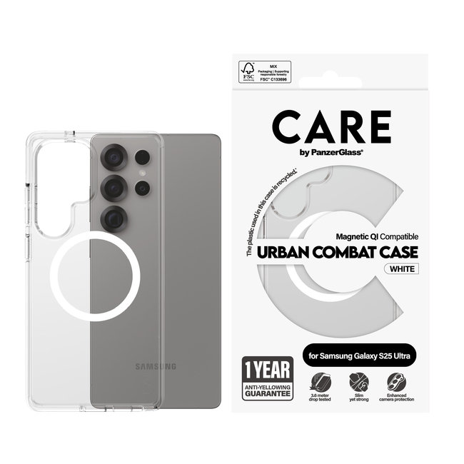 CARE - Puzdro Urban Combat s bielym QI pre Samsung Galaxy S25 Ultra, transaprentná