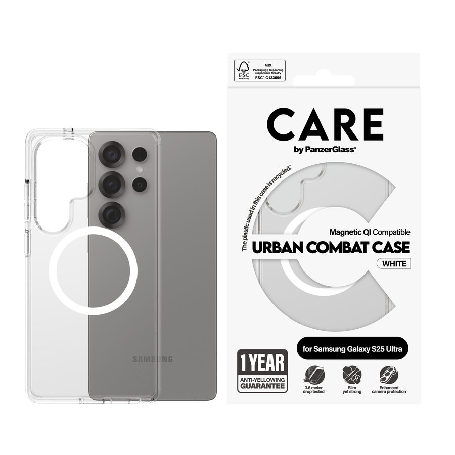 CARE - Puzdro Urban Combat s bielym QI pre Samsung Galaxy S25 Ultra, transparentná