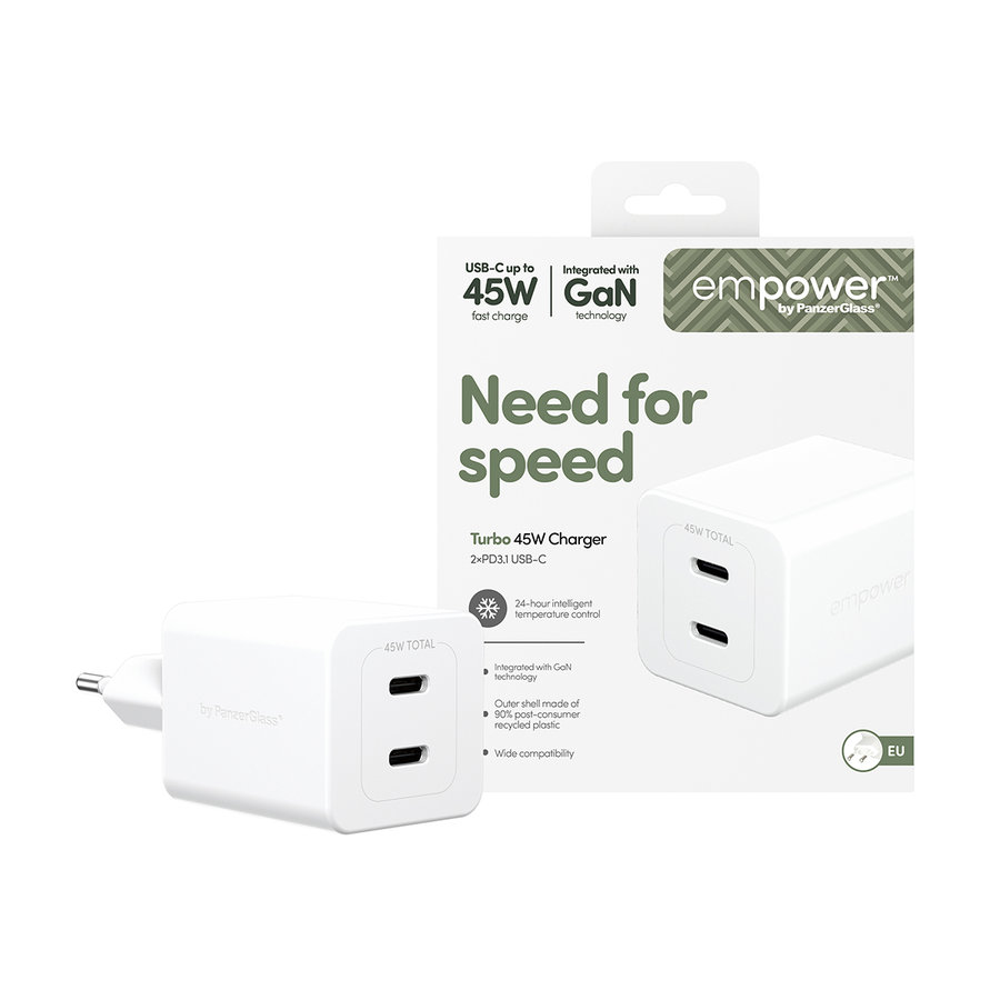 empower - Cestovný adaptér Grand Prix 2x USB-C, GaN, 45 W PD, striebornobiela