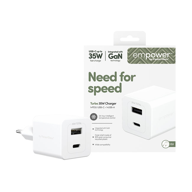 empower - Cestovný adaptér Grand Prix USB-C/USB-A, GaN, 35 W PD, striebornobiela