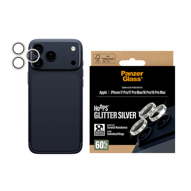 Ochranný kryt objektívu Hoops pre iPhone 17 Pro Max/17 Pro/16 Pro Max/16 Pro, glitter silver