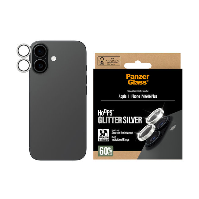 Ochranný kryt objektívu Hoops pre iPhone 17/16 Plus/16, glitter silver