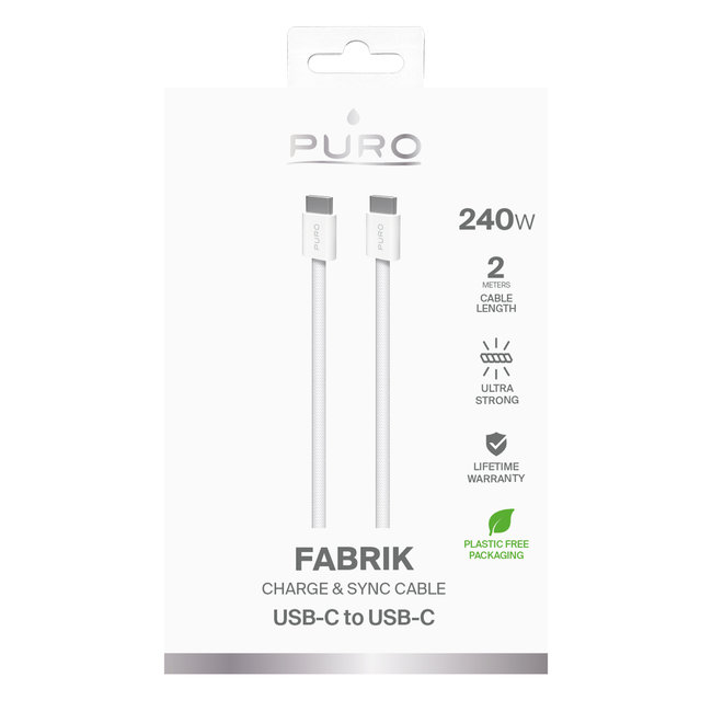 PURO - Kábel USB-C/USB-C, 240 W, Fabrik FABK4, 2 m, biela