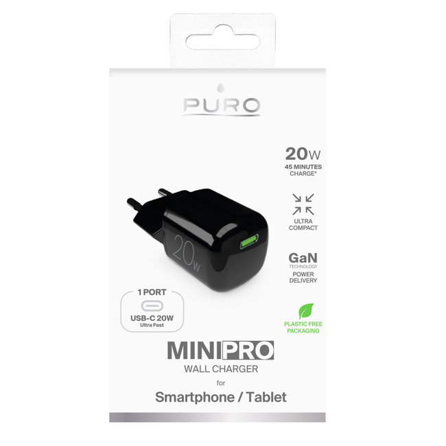 PURO - Cestovný adaptér MiniPro USB-C, GaN, 20 W, čierna