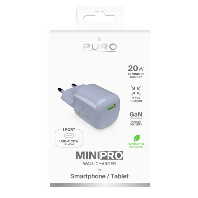 PURO - Cestovný adaptér MiniPro USB-C, GaN, 20 W, svetlá modrá