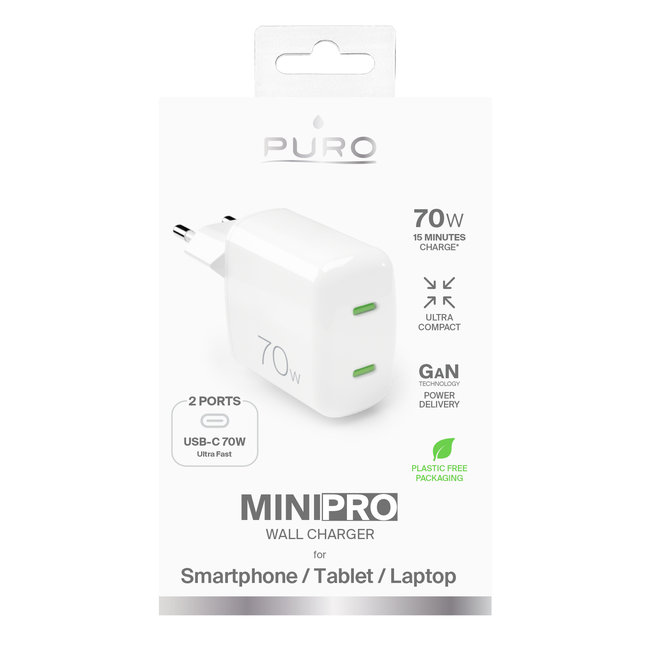 PURO - Cestovný adaptér MiniPro 2x USB-C, GaN, 70 W, biela