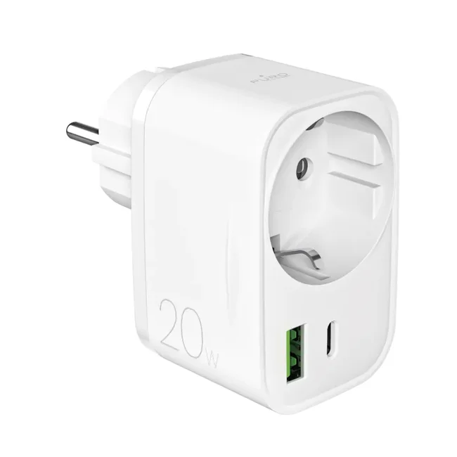 PURO - Viacportový cestovný adaptér USB-C/USB-A/Schuko, PD 20 W, biela