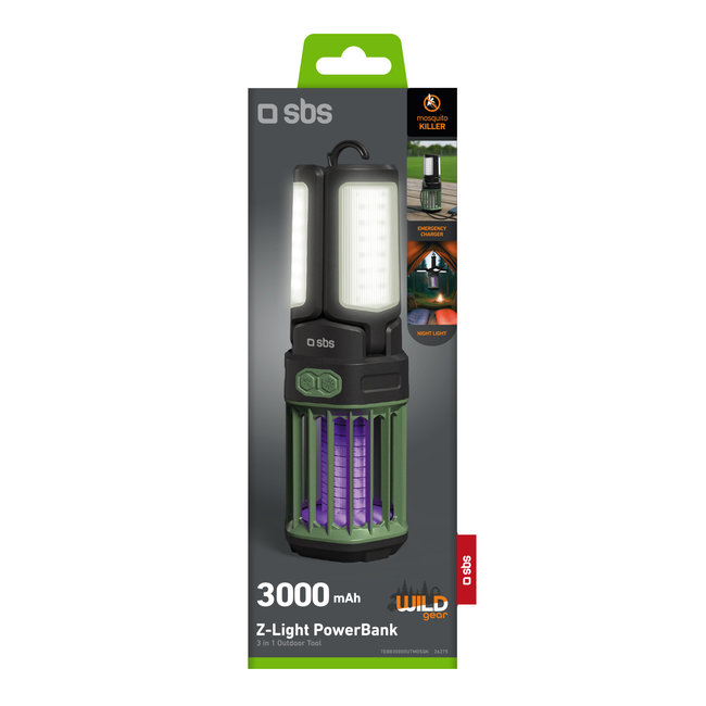SBS - Svietidlo proti komárom & PowerBank WILD gear, 3000 mAh, s nočným svetlom, čierna