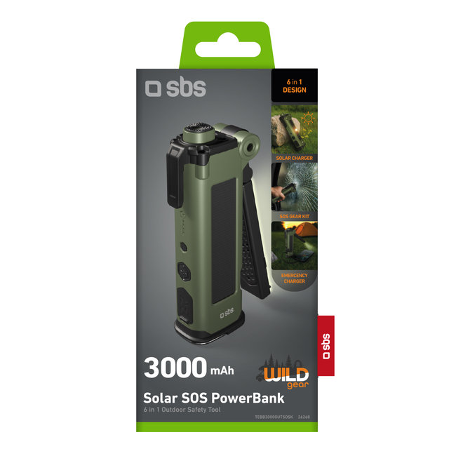 SBS - Solárna SOS PowerBank WILD gear, 3000 mAh, s baterkou, kladivom a rezačom bezpečnostných pásov, čierna