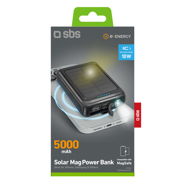 SBS - PowerBank 5000 mAh 10 W, kompatibilná s MagSafe, Solar, Mag Power, USB-C/USB-A, čierna