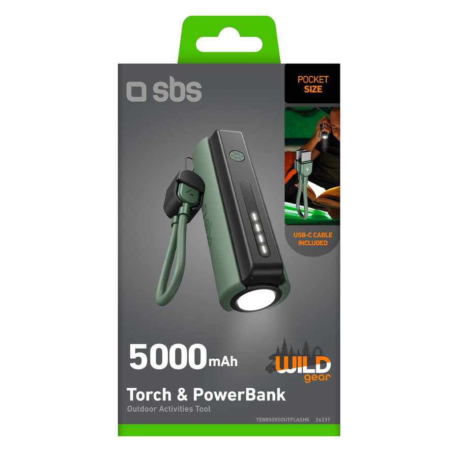 SBS - Baterka & PowerBank WILD gear, 5000 mAh, USB-C kábel, čierna
