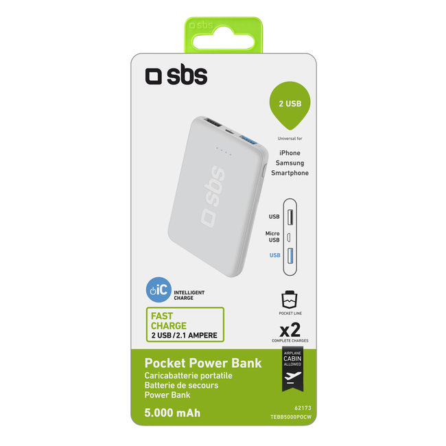 SBS - Záložný zdroj - PowerBank Pocket 5000 mAh, 2xUSB-A 2,1 A/1 A, biela