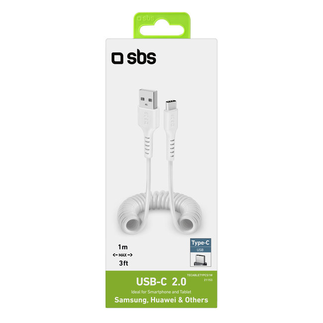 SBS - Kábel USB-C/USB-A, 18 W, špirálový, 1 m, biela