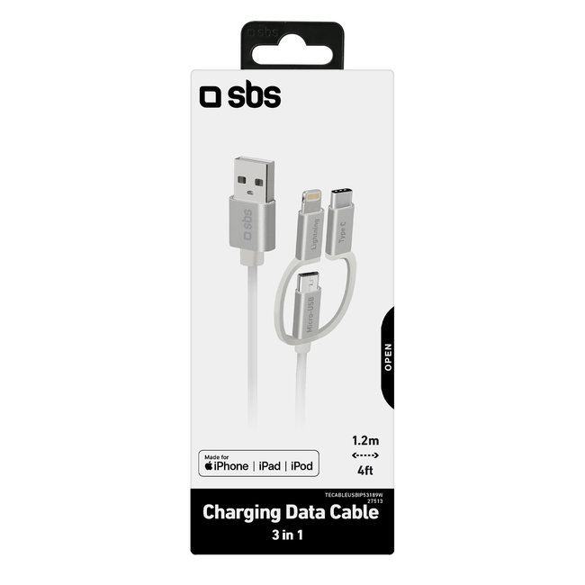 SBS - Kábel USB-C/Micro USB/MFI Lightning, 3 v 1, 1,2 m, biela